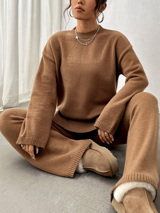 Ribbed Knit Long-Sleeve Sweater and Straight-Leg Pants Set